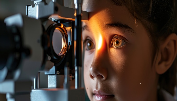 Young child getting an eye exam at clinic.